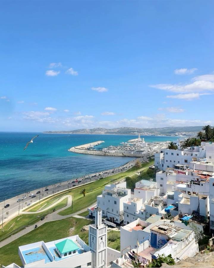 Bright coastal panorama of Tangier’s turquoise bay, harbour and white hillside homes under a clear sky.