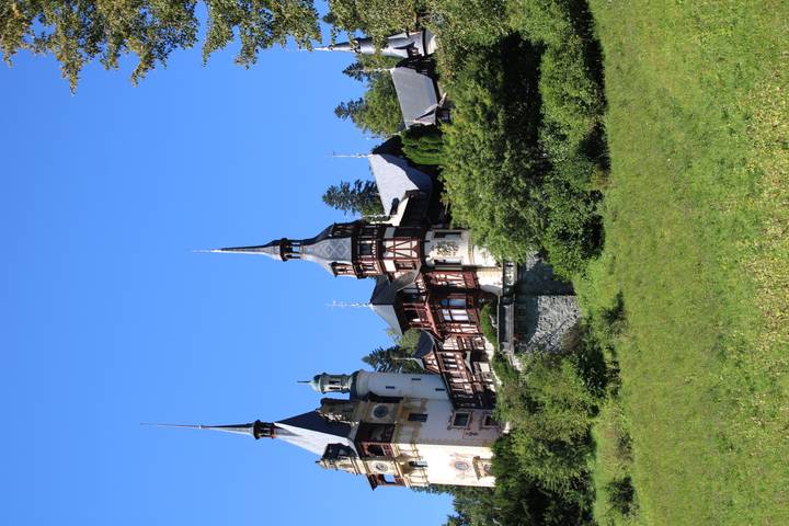 Elegant Neo-Renaissance castle with pointed spires rising above a forested hillside on a clear day.