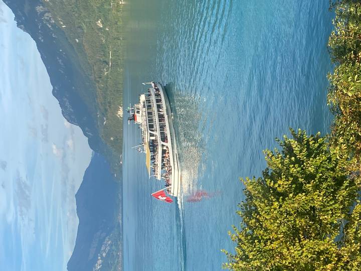 Passenger steamboat flying the Swiss flag gliding across a turquoise alpine lake with forested mountains beyond.