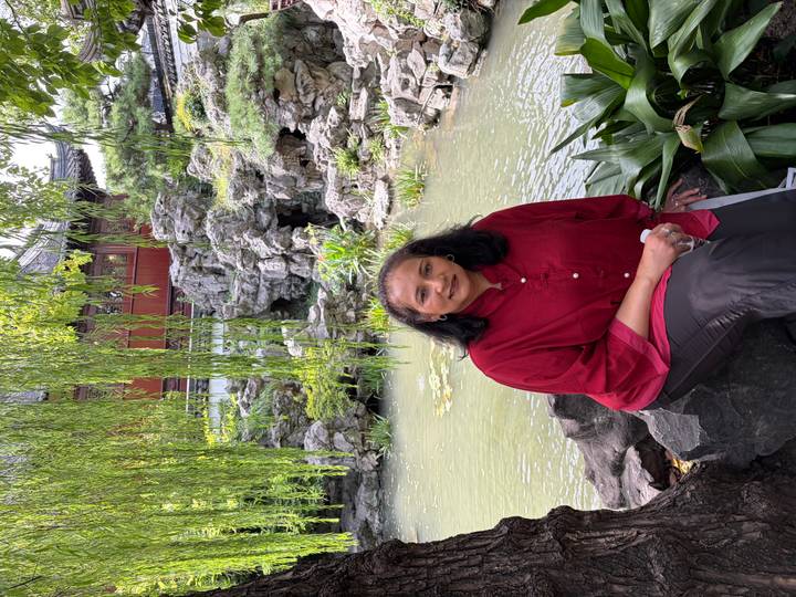 Woman sitting beside a tranquil pond with rockeries and willow branches in a classical Chinese garden