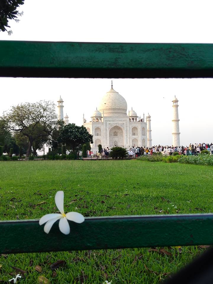 Wide lawn view of the Taj Mahal with large crowds gathered at its base on a clear afternoon.