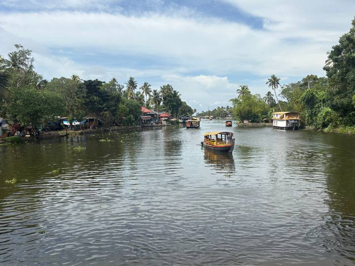 Scenic Kerala backwaters with small houseboats and coconut palms lining both sides of the river.