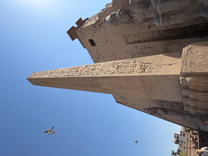 Tall obelisk covered in hieroglyphs stands against a clear blue sky at Luxor Temple.
