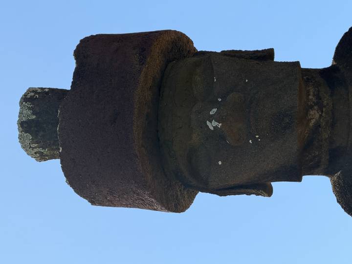 Close-up vertical view of a single moai statue with topknot under clear blue sky.
