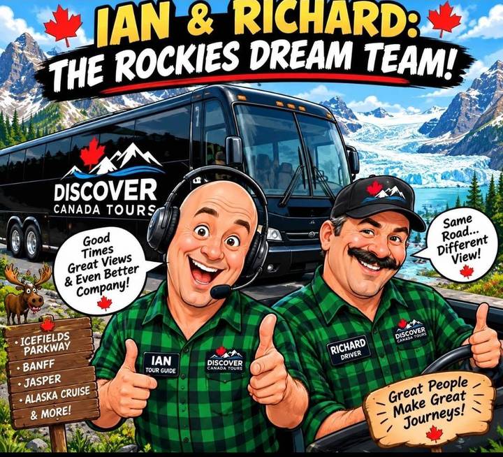 Cartoon illustration of tour bus with animated guides, slogans and Canadian mountain backdrop.