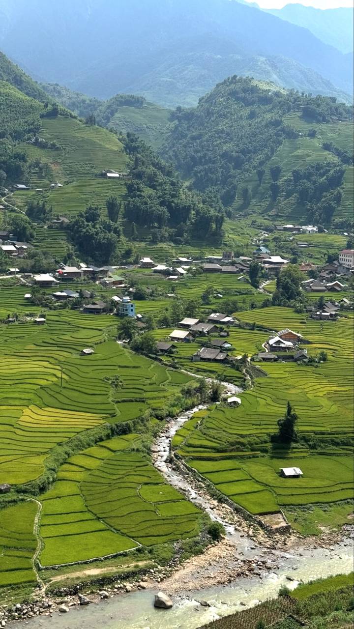 Aerial view of layered rice terraces dotted with rural houses and lush greenery.