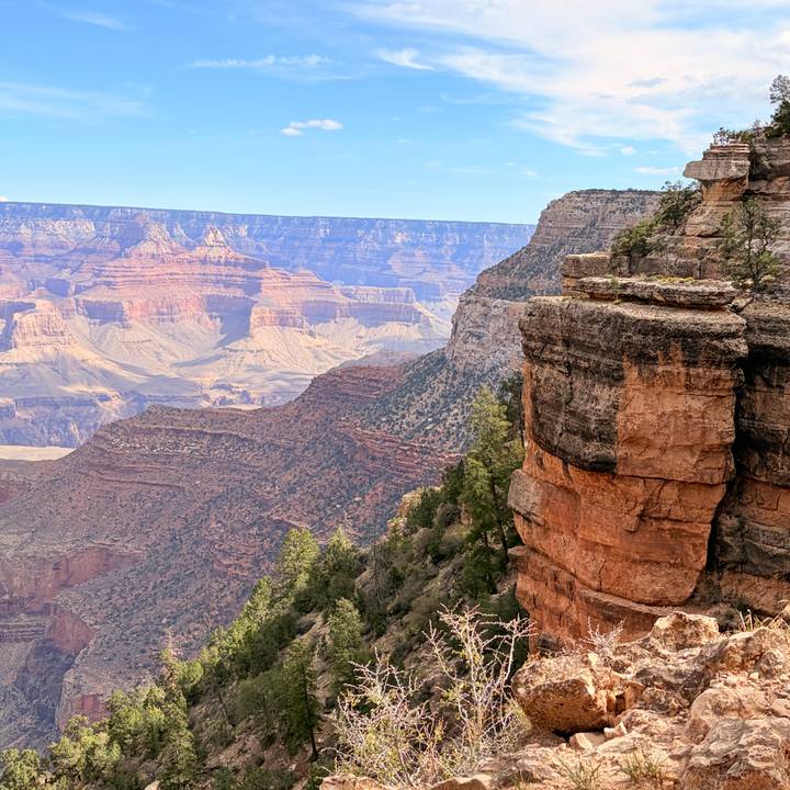 Vast layers of the Grand Canyon with colourful rock strata and pine-clad cliffs.