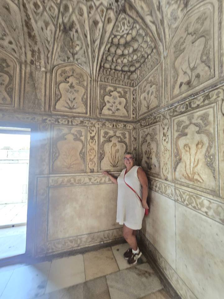 Blurred interior shot of a richly decorated Mughal chamber with a visitor touching the patterned wall.