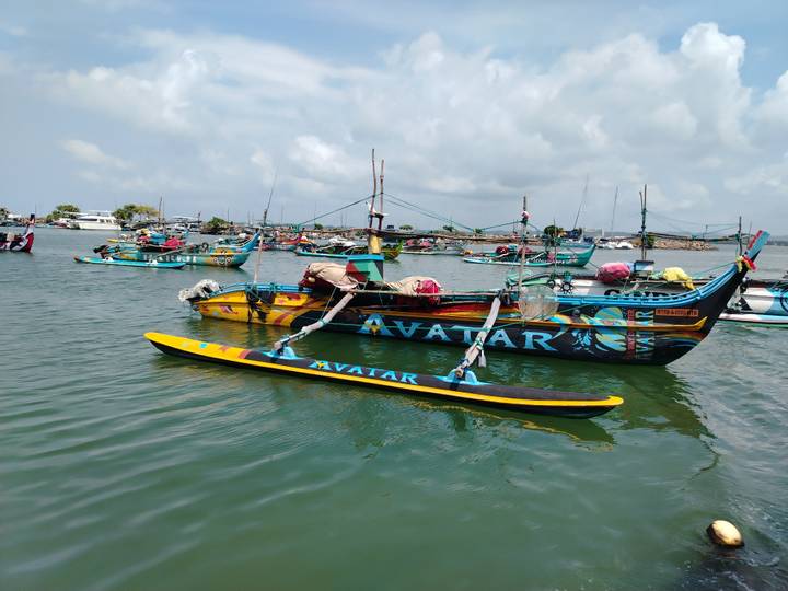 Brightly painted boat named 'AVATAR' moored among many traditional outriggers on tranquil water.