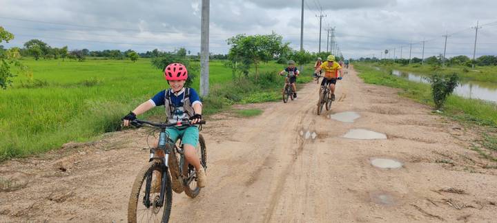 Children and adults ride mountain bikes down a rural dirt track flanked by green rice fields.