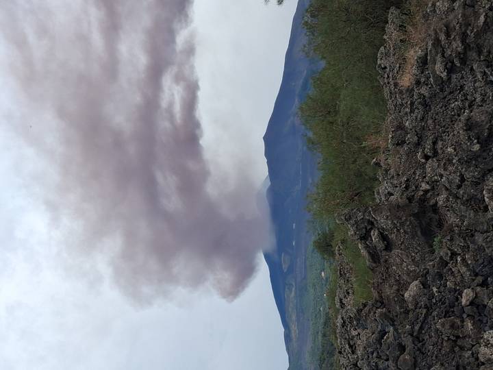 Dark plume of ash rising from snow-capped Mount Etna above rugged lava fields and scrubland.