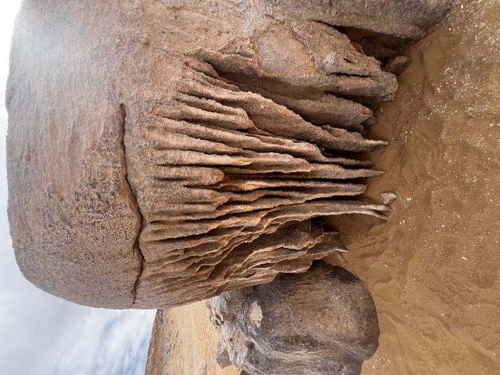 Weather-eroded limestone boulder with long vertical drip formations resembling stalactites.