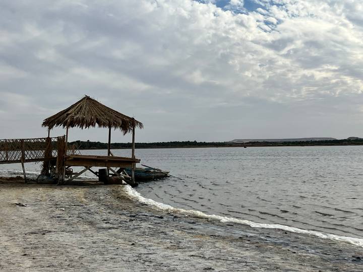 Small thatched jetty extends into a calm lake bordered by desert plants under cloudy skies.