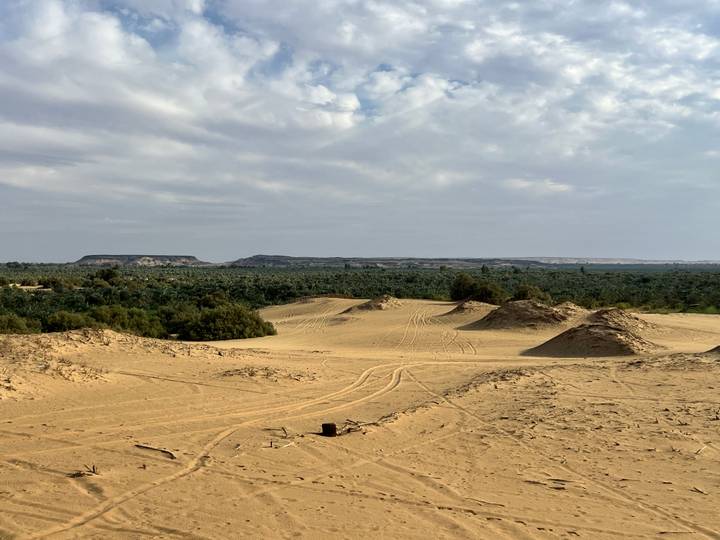 View from sandy ridge overlooking a lush green oasis framed by distant mesas.
