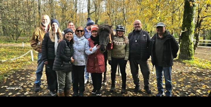 Group of travellers posing with an Icelandic horse in an autumn forest setting.