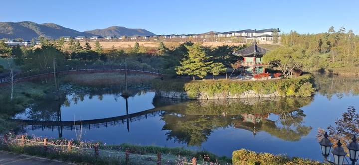 Serene pond with traditional Korean pavilion on a small island and mountain backdrop.