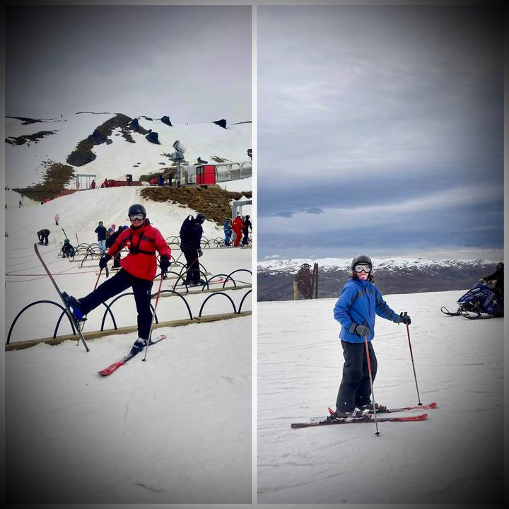 Side-by-side photos of two skiers posing on snowy slopes under cloudy alpine skies