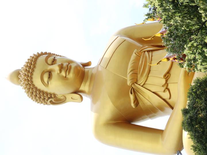 A towering golden Buddha statue looks serenely down against a bright sky.