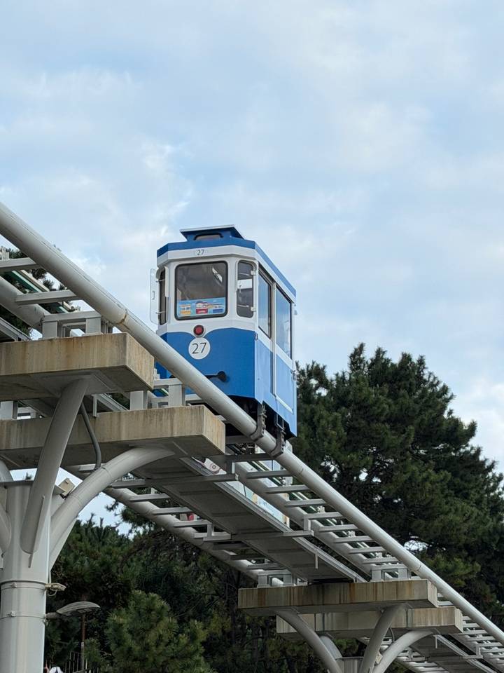 Compact blue funicular car numbered 27 ascending on an elevated rail track.