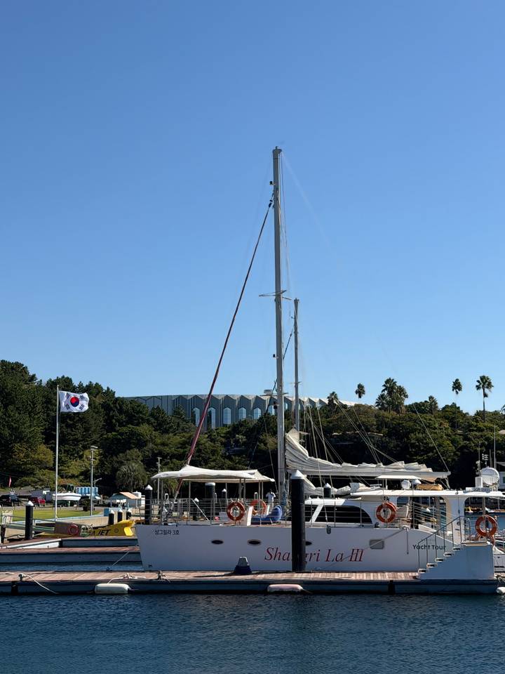 Tall sailboat mast with furled sails beside lush greenery and a Korean flag in a sunny marina.