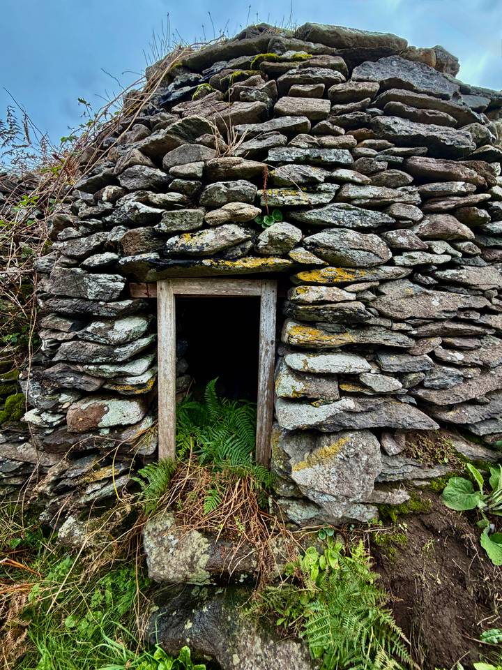 Close-up of a rough stone doorway in an old ruin with ferns growing inside the dark entrance.