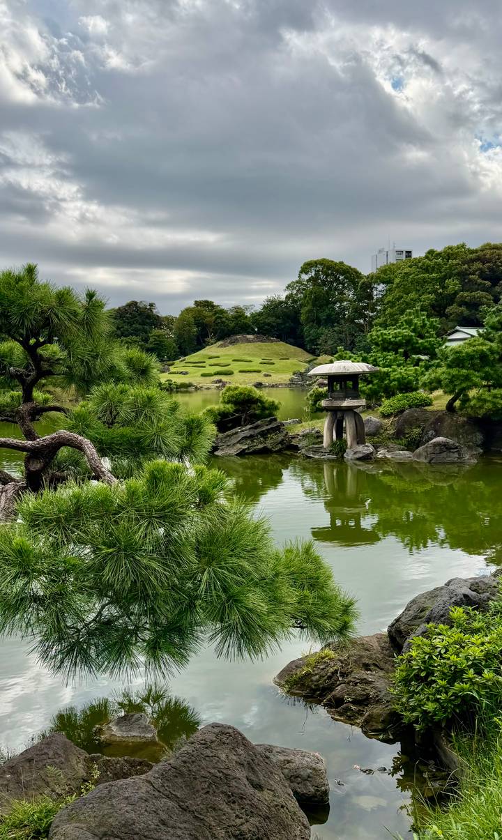 Lush Japanese garden with lantern, sculpted pines and reflective green pond.