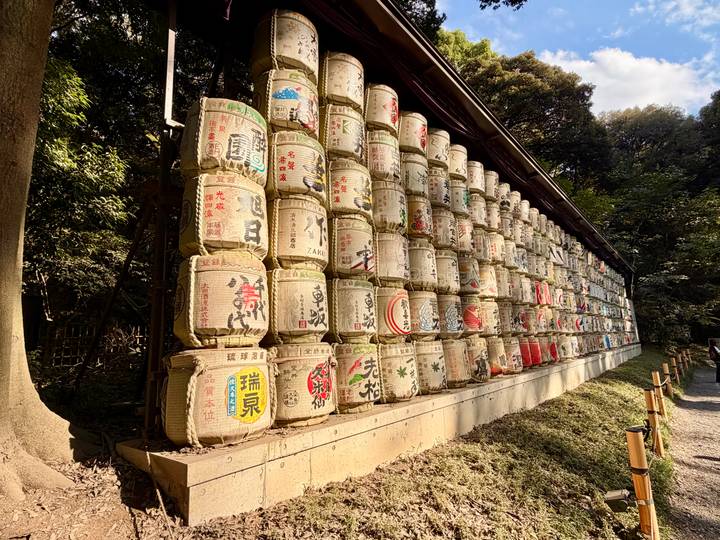 Rows of ornate sake barrels stacked high beside a wooded shrine path.