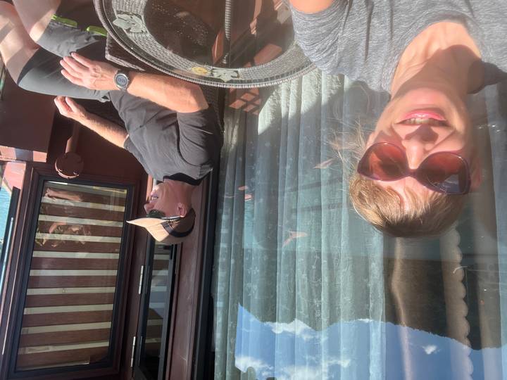 Relaxing on a balcony cabin of a cruise ship with curtains reflecting the bay outside.
