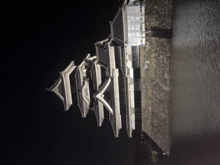 Illuminated multi-tiered Japanese castle tower reflected in the surrounding moat at night.