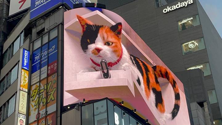 Giant 3-D calico cat animation on an LED billboard towering above Tokyo street.