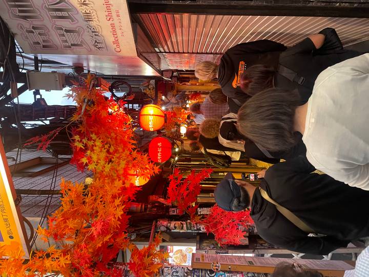 Narrow alleyway decorated with red maple lanterns crowded with evening diners.