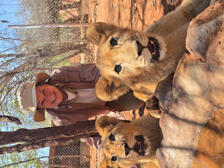 Smiling woman crouches beside two playful lion cubs at a wildlife sanctuary.