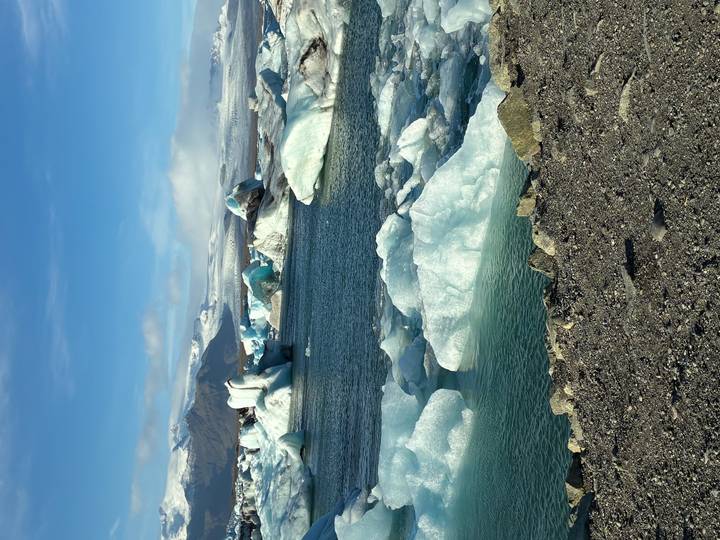 Chunky blue icebergs floating close to shore with snowy peaks in the background.