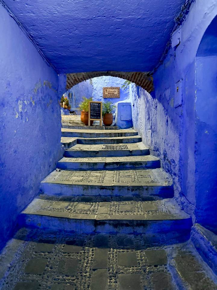 Stone staircase between vivid blue walls in Chefchaouen, with potted plants and a small restaurant sign.