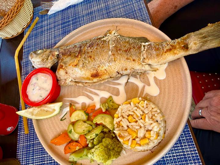 Grilled whole fish served with rice, vegetables and sauce on a ceramic plate.