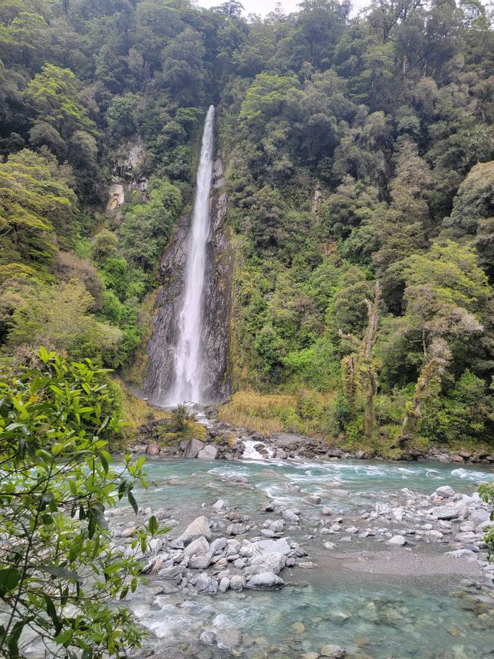 Une cascade tournée au milieu d'une forêt.