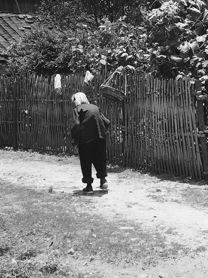 Une personne âgée marchant près d'une clôture en bambou.