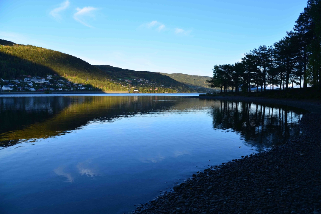 Tranquil lakeside scene with mountains in the background.