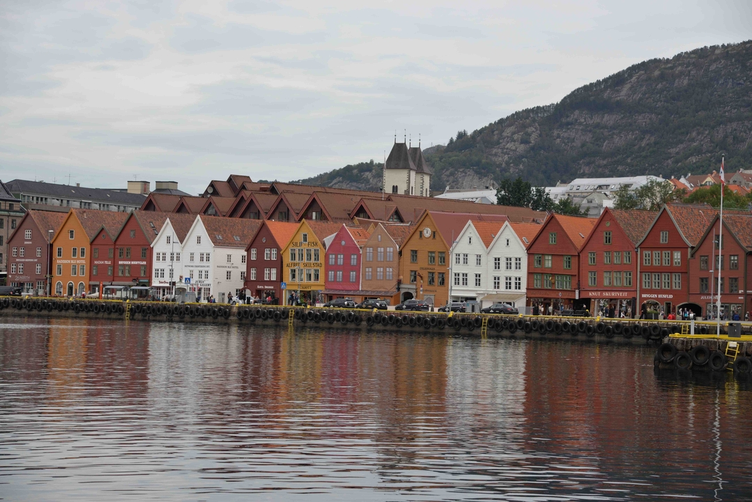 Colorful traditional houses along a waterfront in Bergen.