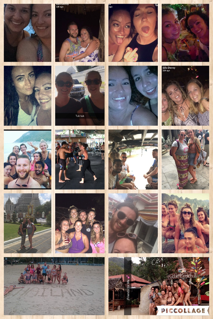 Collage de diverses photos de voyage avec des personnes et des points de repère.