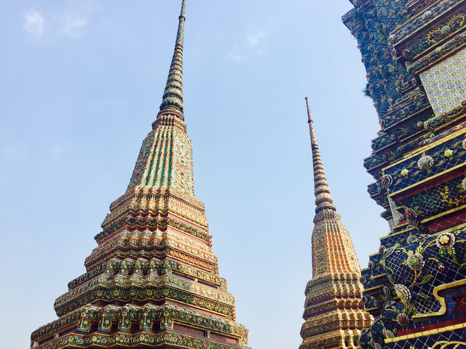 Intricately decorated spires of a temple.