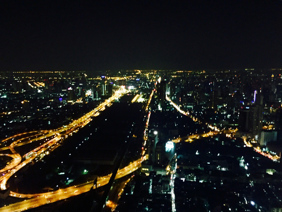Blurry nighttime cityscape from above.