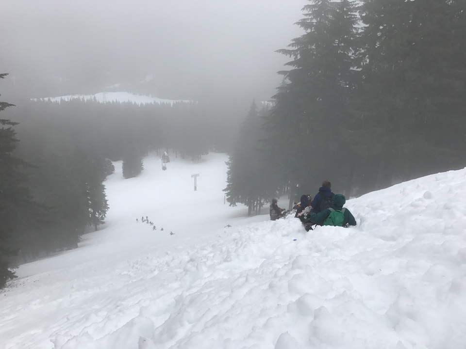 Snowy slope with people sledding and walking
