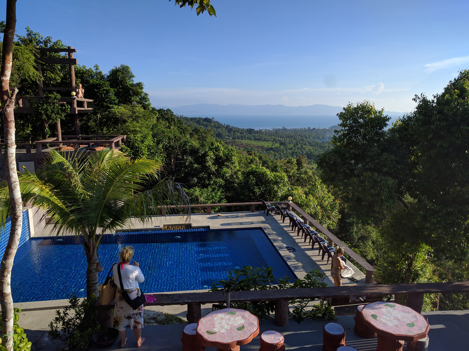 View from a pool deck overlooking lush greenery and the ocean.