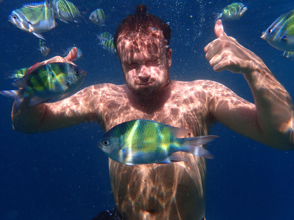 Person underwater surrounded by fish, giving a thumbs-up.