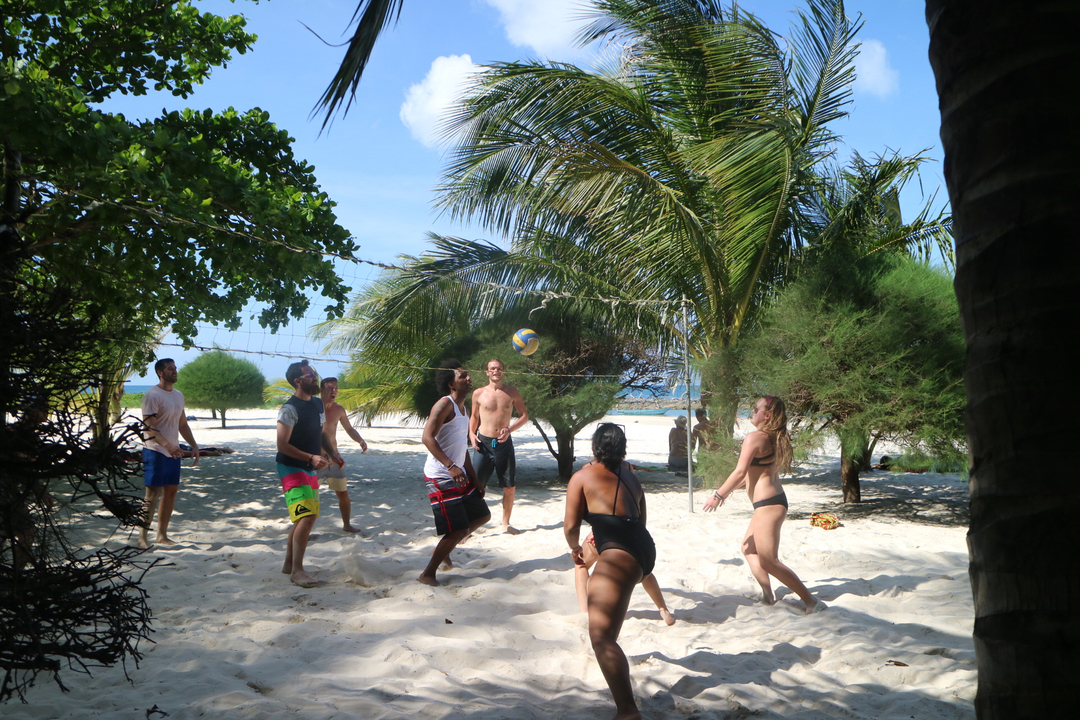 Fun beach volleyball game in progress with blue sky.
