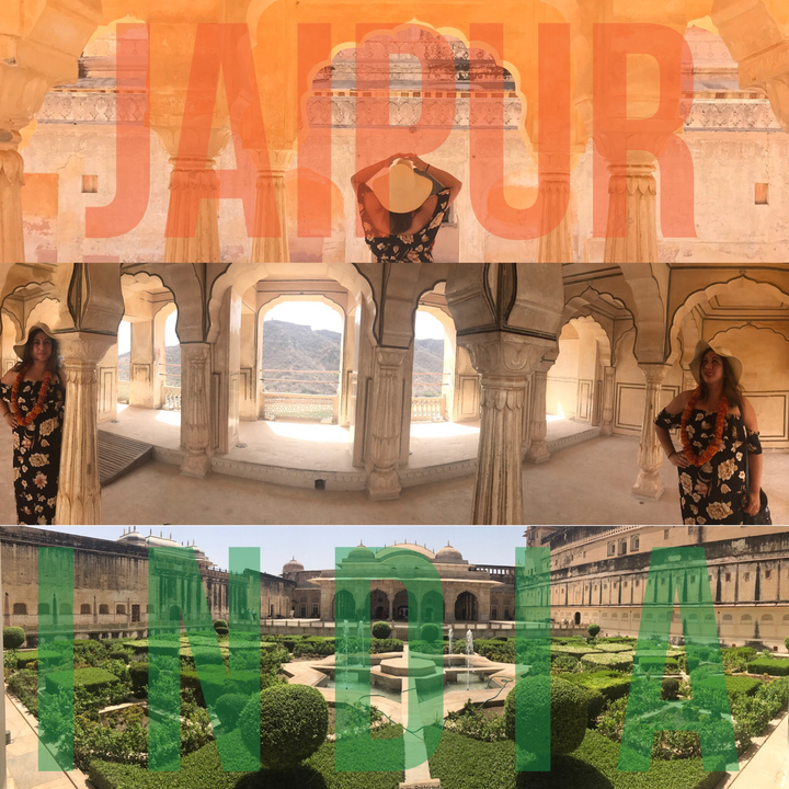 Image panoramique avec des colonnes et une femme, déformée.