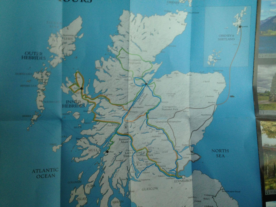 Map of Scotland highlighting different routes and locations.