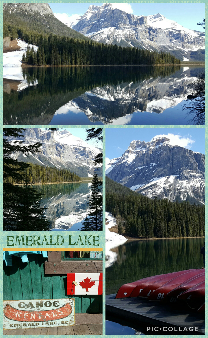 Collage de scènes de montagnes et de lacs avec des reflets d'arbres et de sommets enneigés.