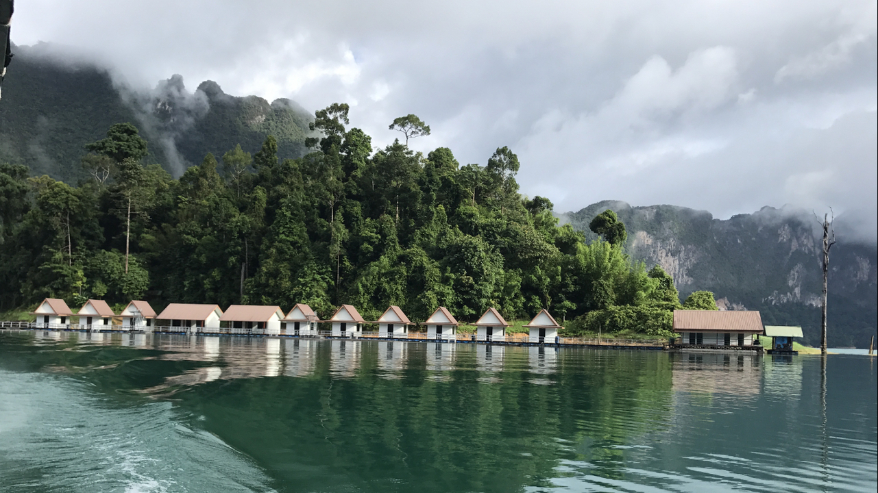 Row of houses on water with a lush forested background.